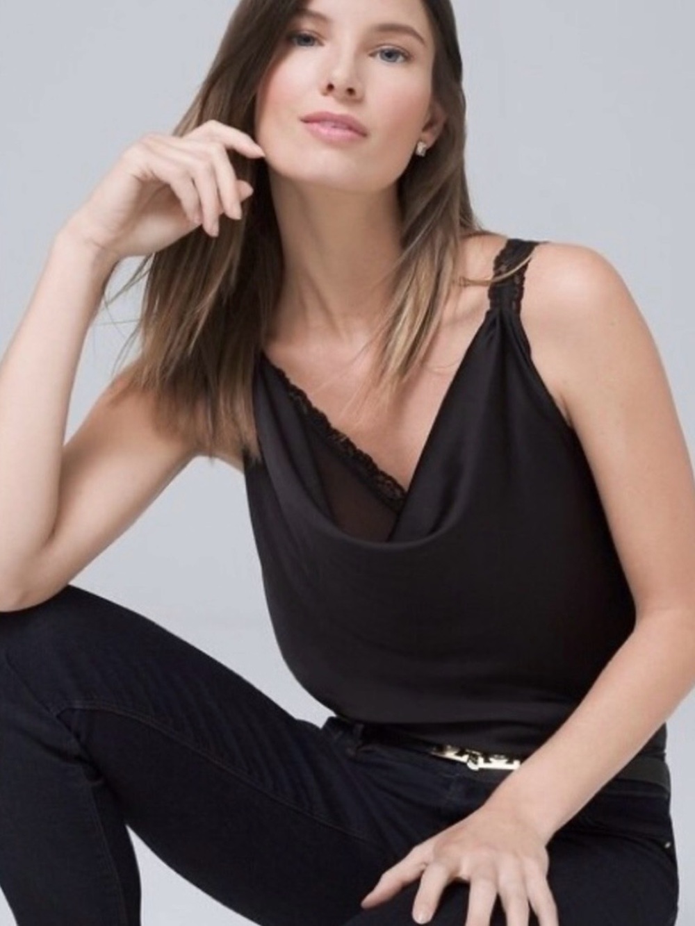 White House Black Market  Lace-Trim Satin Cami Top - Women Black M NWOT